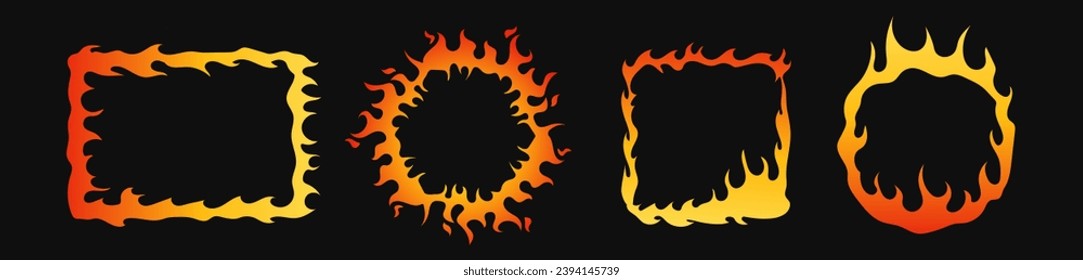 Fire ring vector frame. Flame circle and square border. Burning photo frame.