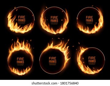 Fire rings, burning vector round frames. Realistic burn circles with flame tongues on edges. 3d flare circles for circus performance, Burned hoops or holes in fire, isolated circular borders set