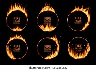 Fire rings, burning vector round frames. Burned hoops or holes in fire, realistic burn circles with flame tongues on edges. 3d flare circles for circus performance, isolated circular borders set