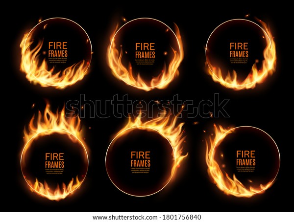 Fire rings, burning vector round frames. Realistic\
burn circles with flame tongues on edges. 3d flare circles for\
circus performance, Burned hoops or holes in fire, isolated\
circular borders set