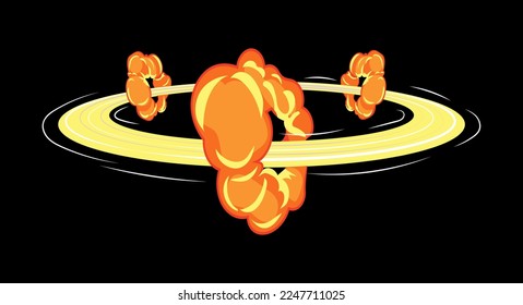 Fire rings explosions effect and burning circle motion trail. Vector illustration in comic cartoon design