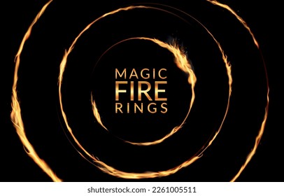 Fire rings. Hell concentric circle borders. Burn circular frame. Spark flame disks. Ignite hot dark banner design. Magic bonfire lights. Vector realistic neoteric background template