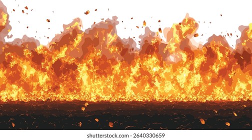 Fire rising row, vector flames background, fiery line with copy space, abstract blaze banner, heat wave illustration, burning red fire frame, horizontal flame pattern