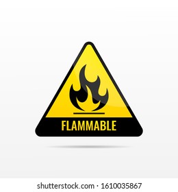 Fire risk or flammable material warning sign. Black flame symbol on yellow triangles isolated on white background.  caution simple icon. vector illustration