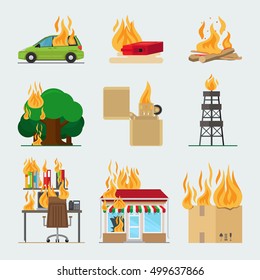 Fire risk icons. Fire in home and building, forgot fire vector signs for insurance and fire safety infographic