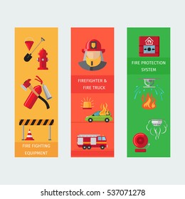 Fire risk vertical flyers. Fire protection,equipment and transport, Vector illustration.