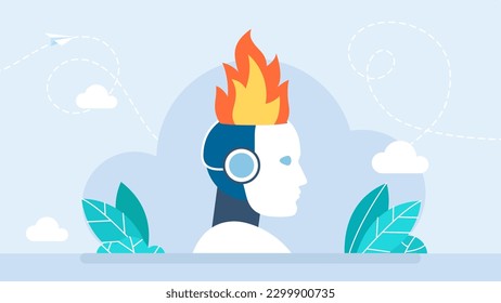 A fire in a robot's head. Artificial brain glitch and exploded. Cyborg with artificial intelligence failures overloaded and broken down. AI not coped with task. Future concept. Vector illustration