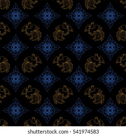 Fire Rooster 2017, China New year, seamless pattern. Gold, dark blue and black color
