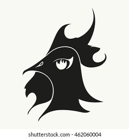Fire Rooster. Chinese symbol of 2017 New Year. Abstract vector illustration of bird head. Black silhouette isolated on white background. Hand-drawn asian art. Eps 8.