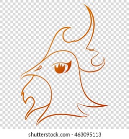 Fire Rooster. Chinese symbol of 2017 New Year. Abstract vector illustration of bird head. Orange outline isolated on transparent background. Hand-drawn asian art. Oriental concept. Eps 8.