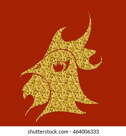 Fire Rooster. Chinese symbol of 2017 New Year. Abstract vector illustration of bird head. Golden glitter silhouette isolated on red background. Hand-drawn asian art. Oriental concept. Eps 8.