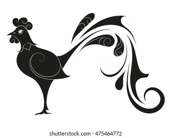 Fire Rooster. Chinese symbol of 2017 New Year. Vector abstract illustration of bird. Black silhouette isolated on white background. Hand-drawn asian art. Adult coloring book. Eps 8.