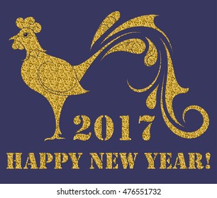 Fire Rooster. Chinese symbol of 2017 Happy New Year. Vector abstract illustration of bird. Gold glitter silhouette isolated on blue background. Hand-drawn asian art. Oriental greeting card. Eps 8.