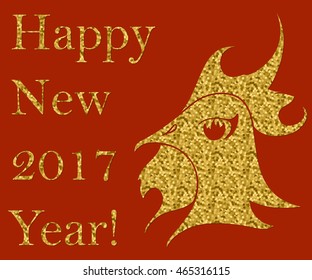 Fire Rooster. Happy Chinese New Year 2017. Abstract vector illustration of bird head. Golden glitter silhouette isolated on red background. Hand-drawn asian art. Oriental concept. Eps 8.