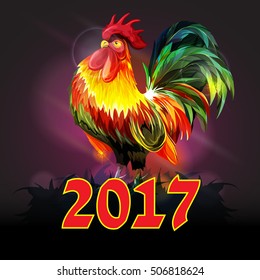 Fire Rooster illustration. Rooster new year. Roster 2017. Chinese Rooster. Red rooster. Fire rooster. Chinese  calendar symbol of 2017 year. Hand drawn cock. Vector - stock
