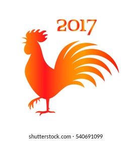 Fire rooster isolated on white background. Symbol of 2017 year of the Chinese calendar. Silhouette of gradient cock, farm poultry bird icon. Vector illustration for greeting card, banner, postcard.