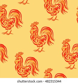 Fire rooster seamless pattern with symbol of 2017. Vector illustration of chinese calendar totem animal for new year background, wrapping paper, fabric, textile.