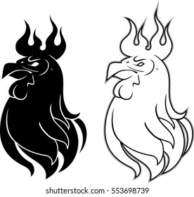 Fire Rooster Silhouette And Outline Set