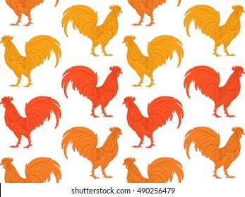  Fire rooster, symbol of New Year 2017 seamless pattern. Decorative orange, yellow, red rooster on white background seamless pattern. Hand drawn vector illustration.