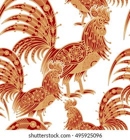 Fire roosters. Illustration seamless vector pattern. Gold bird on a white background. Foil printing. Decorative illustration for paper, fabrics, packaging of Christmas gifts for new year 2017.