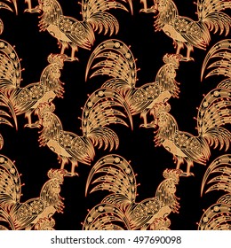Fire roosters. Illustration seamless vector pattern. Golden bird on black background. Foil print. Decorative illustration for paper, fabrics, packaging of Christmas gifts for new year 2017.
