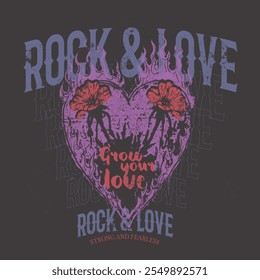 Fogo com arte de rosa. coração é forma de amor com flores imprimir Music world tour arte. Selvagem e livre. vintage Rock e roll vibes design de impressão. , Rock and roll vetor t-shirt design.