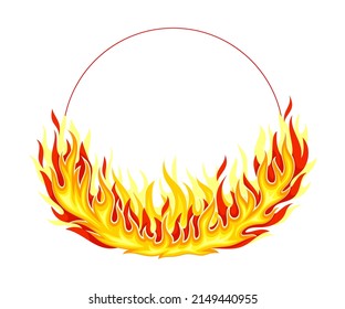 Fire Round Frame with Hot Burning Tongue of Flame and Border Line Vector Illustration