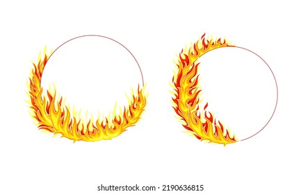 Fire Round Frame with Hot Burning Tongue of Flame and Border Line Vector Set