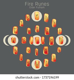 Fire runes - magic gemstones. Elder Futhark Vector Runes set. Ancient runic alphabet. Mystical symbols on stones. Isolated illustration, game design elements
