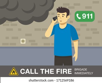 Fire safety activity. Young man calling the fire brigade. Flat vector illustration.