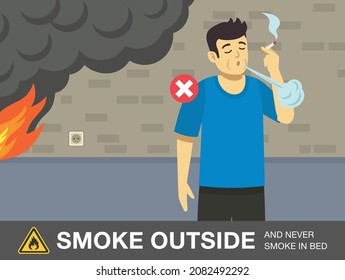 Actividad de seguridad contra incendios. Un hombre joven está fumando en casa. Sostengo un cigarrillo y quema el humo. Humo afuera, y nunca fume en el diseño de advertencia de la cama. Plantilla de ilustración vectorial plana.