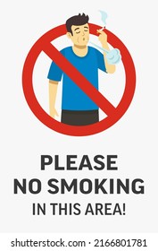 Actividad de seguridad contra incendios. Un hombre joven está agarrando un cigarrillo y sacando humo. "Por favor, no fume en esta área" diseño de afiches. Plantilla de ilustración vectorial plana.