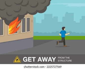 Fire safety activity. Young man runs away from the fire. Get away from the structure. Escaping the building in flame. Flat vector illustration template.