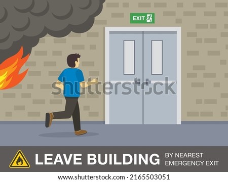 Fire safety activity. Young man runs from the fire to the exit doors. Leave the building by nearest emergency exit. Flat vector illustration template.