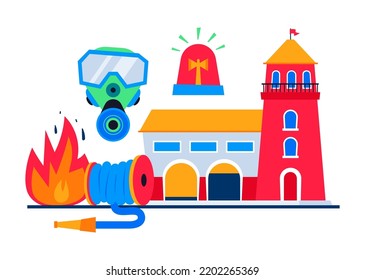 Fire safety and alarm - modern flat design style poster on white background. Illustration is composed of flame, fire hose, red alarm, building with tower and protective gas mask. Life saving idea