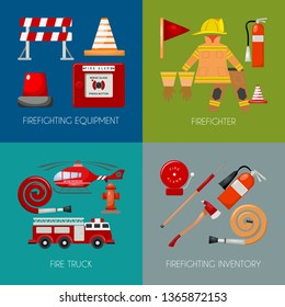 Fire safety banner vector illustration. Firefighter iniform and inventory. Helmet, gloves. Equipment as firehose hydrant alarm, bollard and extinguisher station.