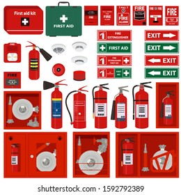 Fire Safety Collection. Fare Alarm Sistem Elements, Vector Editable Set.