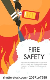 Fire safety concept. Firefighter with fire extinguisher in his hands fighting flames. Safety measures during fire. Colorful infographics. Cartoon flat vector illustration isolated on white background