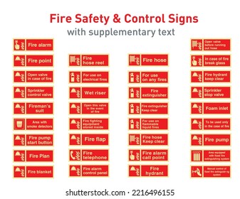 Fire Safety and control signs with supplementary text - International Fire Control and Safety Signs - Fire control, Supplementary, Emergency equipment, Fire extinguisher, Hose, Valve, Nozzle, Hydrant