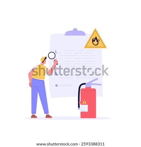 Fire safety control vector illustration. Firefighter inspector checking firefighter equipment, fire extinguisher box, alarm system. Concept of fire fighter inspection checklist, alarm system button