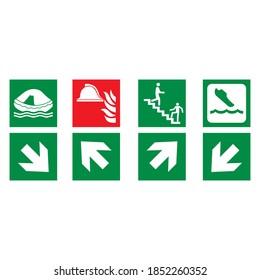 Juego de iconos verdes y rojos de emergencia de seguridad contra incendios. Signo de extinción de incendios y equipos