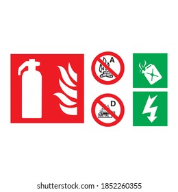 Juego de iconos verdes y rojos de emergencia de seguridad contra incendios. Signo de extinción de incendios y equipos