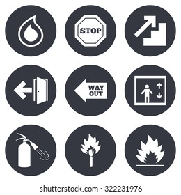 Fire safety, emergency icons. Fire extinguisher, exit and stop signs. Elevator, water drop and match symbols. Gray flat circle buttons. Vector