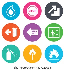 Fire safety, emergency icons. Fire extinguisher, exit and stop signs. Elevator, water drop and match symbols. Flat circle buttons. Vector