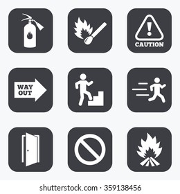 Fire safety, emergency icons. Fire extinguisher, exit and attention signs. Caution, water drop and way out symbols. Flat square buttons with rounded corners.