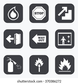 Fire safety, emergency icons. Fire extinguisher, exit and stop signs. Elevator, water drop and match symbols. Flat square buttons with rounded corners.