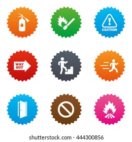 Fire safety, emergency icons. Fire extinguisher, exit and attention signs. Caution, water drop and way out symbols. Stars label button with flat icons. Vector