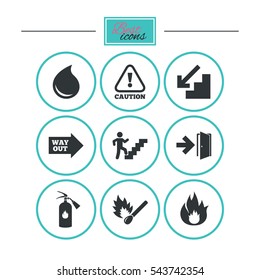 Fire safety, emergency icons. Fire extinguisher, exit and attention signs. Caution, water drop and way out symbols. Round flat buttons with icons. Vector