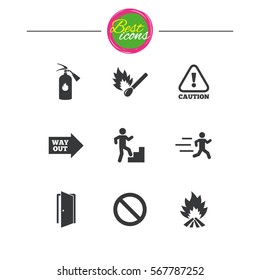 Fire safety, emergency icons. Fire extinguisher, exit and attention signs. Caution, water drop and way out symbols. Classic simple flat icons. Vector