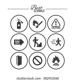 Fire safety, emergency icons. Fire extinguisher, exit and attention signs. Caution, water drop and way out symbols. Classic simple flat icons. Vector